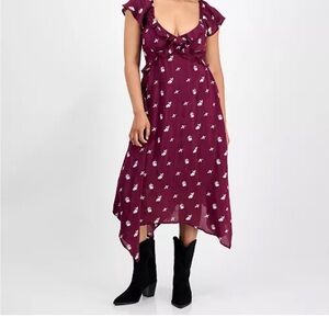 Embroidered Handkerchief-Hem Midi Dress - Wine Color
